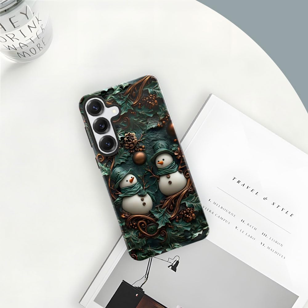 Case for Samsung Galaxy S25,Retro Snowman Green Christmas Phone Case Drop Resistant Glossy 2 in 1 Solid Dual-Layer Cover for Girl Women - Image 4