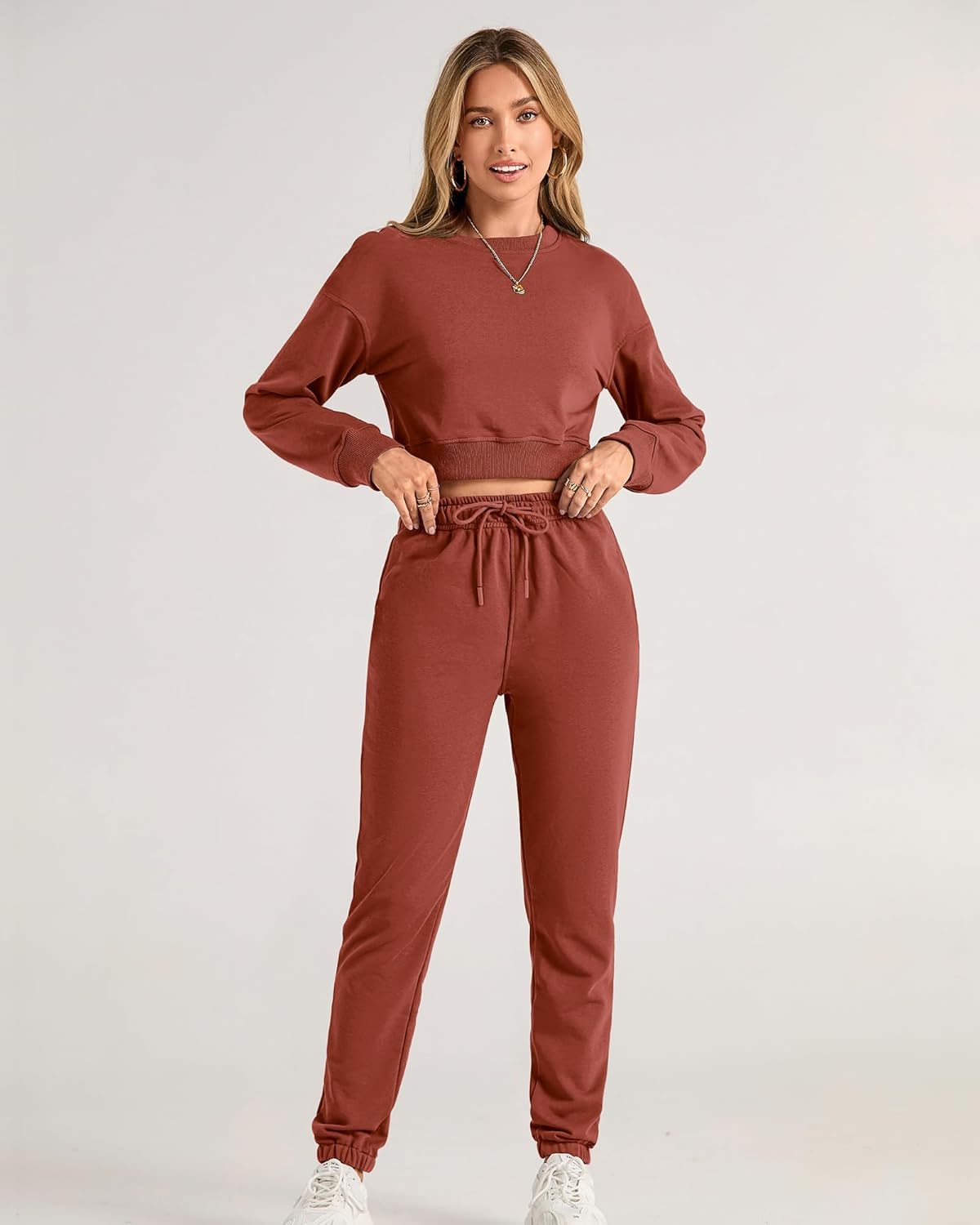 BTFBM Women 2 Piece Outfits Long Sleeve Crop Top Pullover Drawstring Pant Jogger Set Casual Sweatsuits Tracksuit Pockets - Image 3