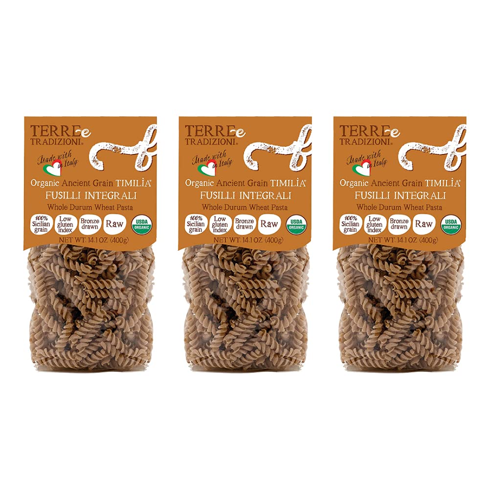 3 PACKS ORGANIC ITALIAN WHOLE DURUM WHEAT FUSILLI PASTA – Sicilian Ancient Grain Timilia Vegan Pasta Crafted in Italy. LOW-GLUTEN INDEX. Has 6X More Fiber and Protein than Popular Grains. Al dente texture. Farm Fresh Pasta from Sicily, Italy