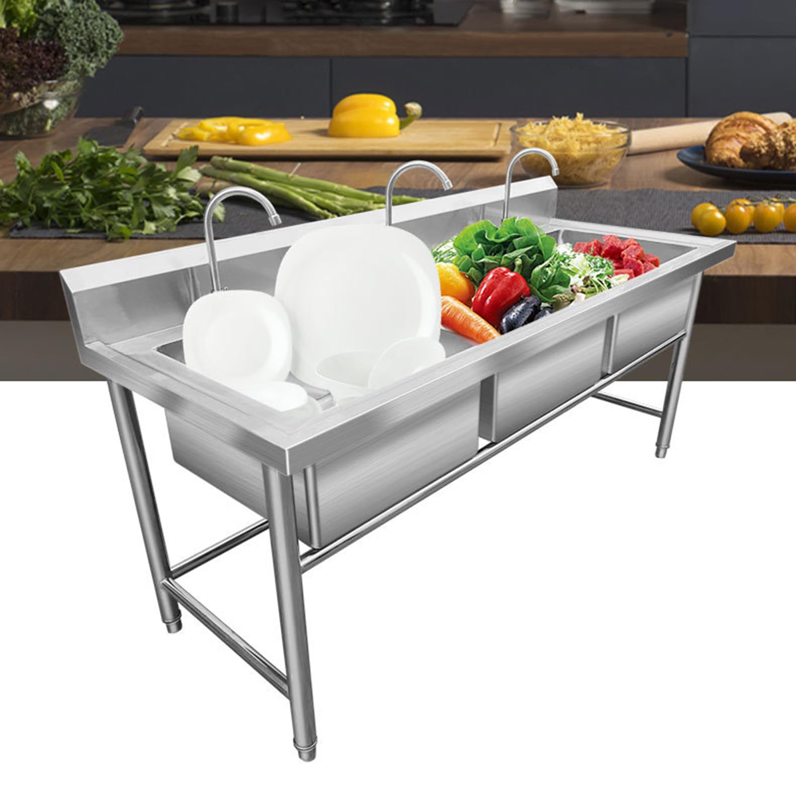 Loccdaok 3-Compartment Commercial Stainless Steel Utility Sink – 39” X 20” Free-Standing Triple Bowl For Restaurants, Garages, Laundry Rooms, And Outdoor Kitchens