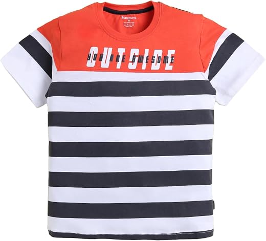 Bumchums Boys Casual Regular Fit Half Sleeve Round Neck T-Shirt for Kids, Boys, Striped Printed