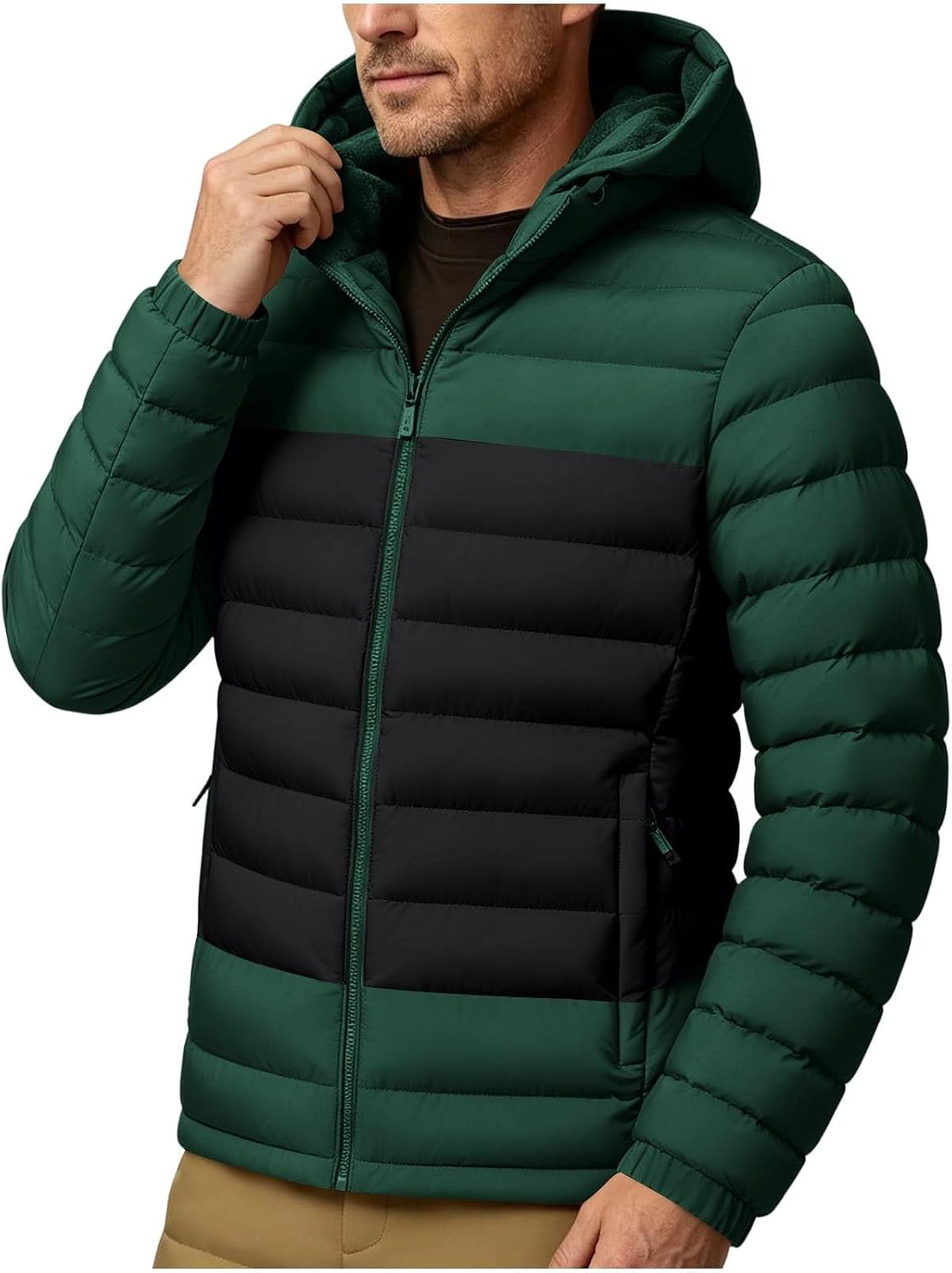 Men Color Block Hood Puffer Jacket Fleece Lined Quilted Winter Coat