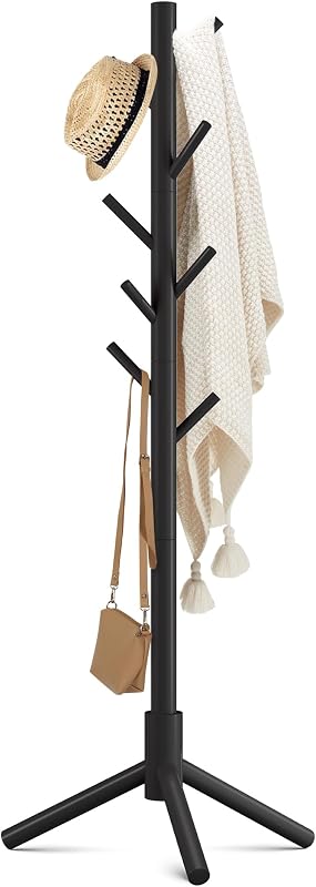 Wooden Coat Rack Stand with 8 Hooks New Zealand Pine 3 Adjustable Coat Standing Tree Easy Assembly for Coats, Hats, Scarves and Handbags for Entryway, Hallway, Bedroom, Office
