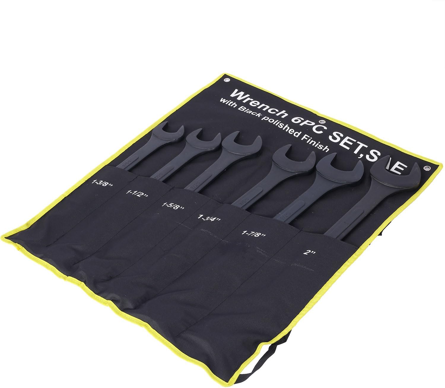 Jumbo Combination Wrench Set SAE, 6-Piece Extra-Large Wrench Set (1-3/8″ to 2″), 12-Point Box End, Black Oxide Carbon Steel, Heavy-Duty Rolling Pouch for Automotive & Heavy Equipment