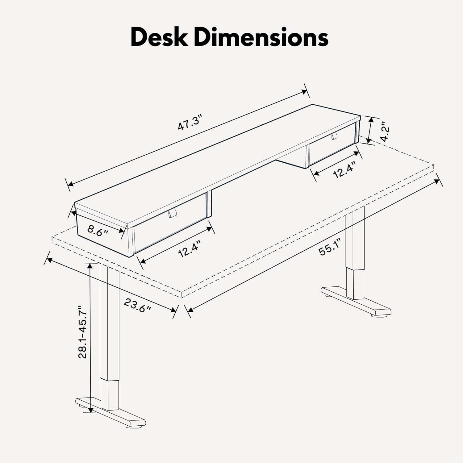 Diagram showing the dimensions of the FlexiSpot desk, including height, depth, and width of the desktop and monitor stand.