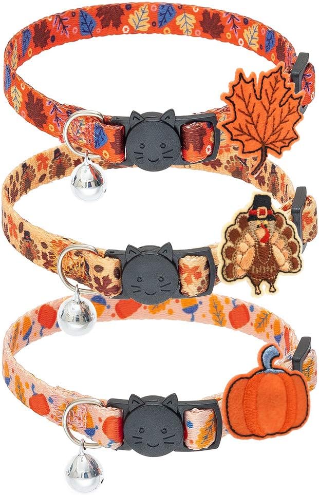 PUPTECK Thanksgiving Cat Collar Breakaway with Bells – 3 Pack Kitten Collar Outfit Adjustable for Girl Boy Small Pet Puppy Bunny Costume with Safety Buckle