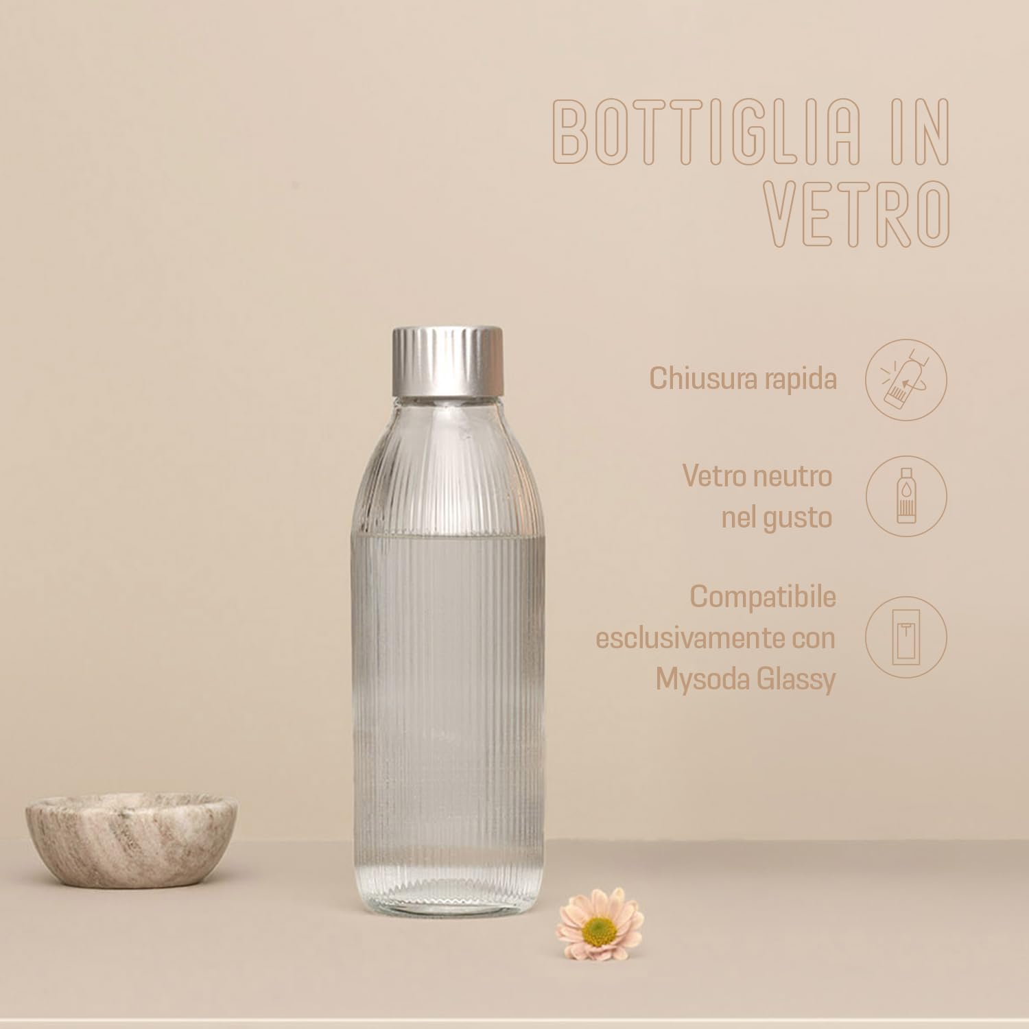 Mysoda Glassy - Gasatore d’acqua per l’acqua frizzante con bottiglia in vetro (senza bombola di CO2) - Beige (latte)