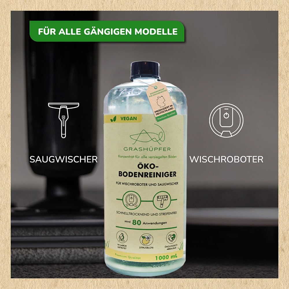 3er Set GRASHÜPFER® Öko Bodenreiniger für Wischroboter [ZITRUSBLÜTE] - Wischroboter Reinigungsmittel kompatibel mit Roborock, Dreame, Ecovacs & Co. für Laminat, Parkett, Vinyl & Fliesen - 3x1000 ml
