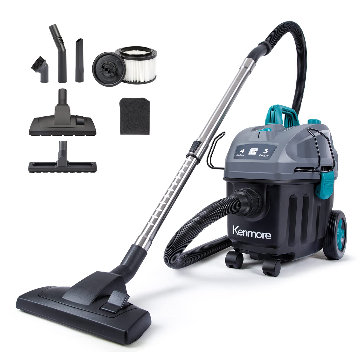 Kenmore KW3050 Wet Dry Canister Vac 4 Gallon 5 Peak HP 2-Stage Motor Shop Vacuum Cleaner with Washable HEPA Filter & Dust Bags for Hard Floor & Carpet, Black