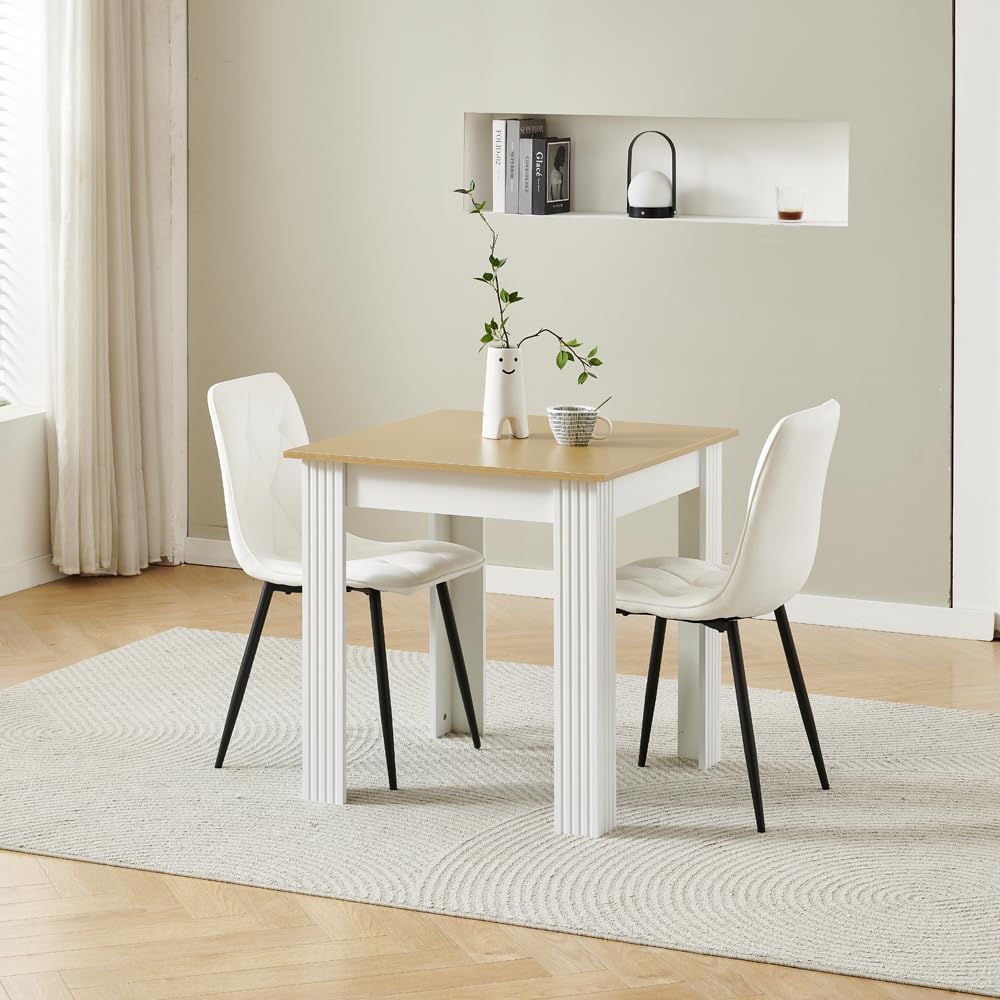 Homullel 75x75 cm Small Dining Table and 2 Chairs, 2 Seater Table and Chairs Set Kitchen Dining Room Set for 2, Compact, Space Saving, Wooden Tabletop Maple (2 Seats, Flannel Diamond White)