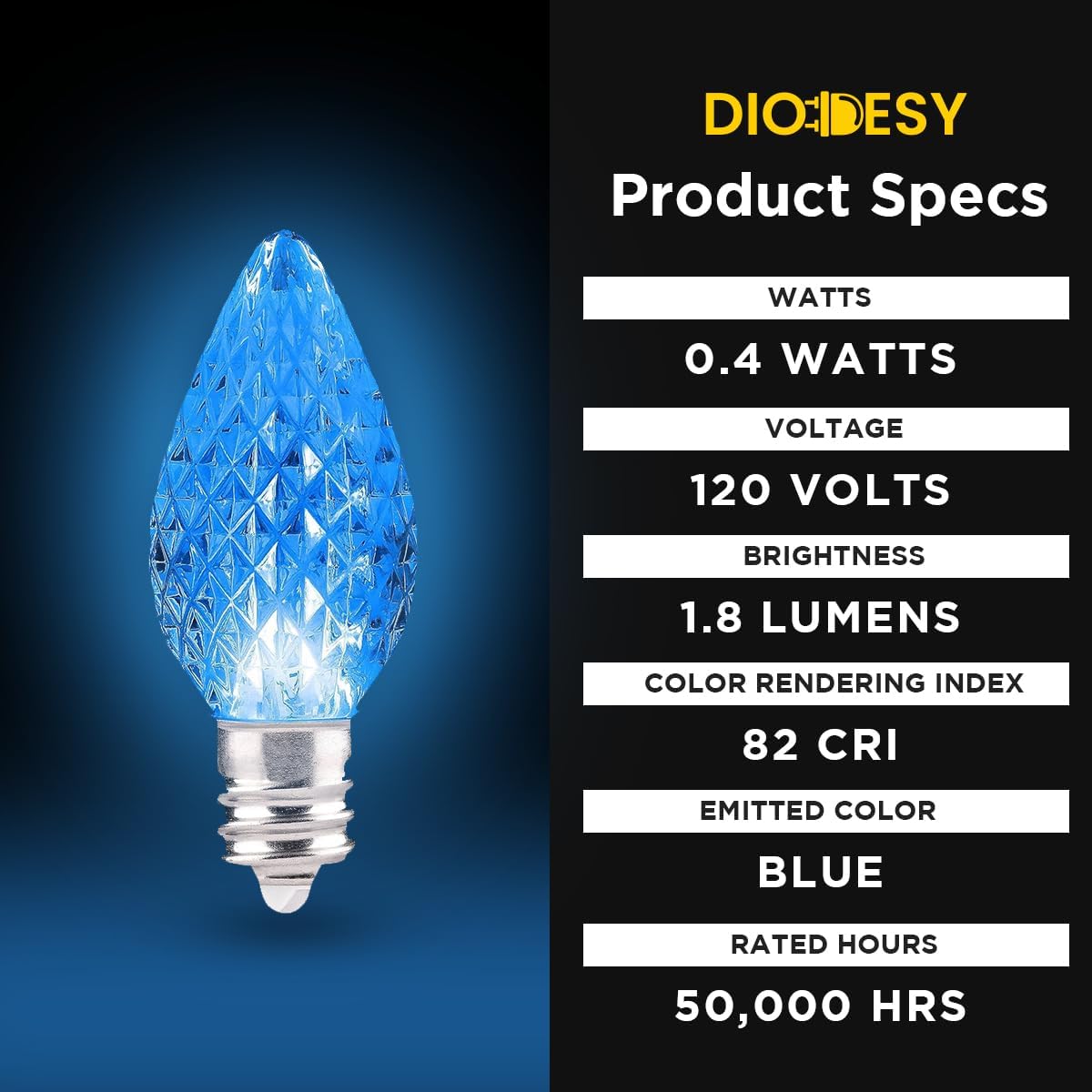 Diodesy- C7 LED Replacement Christmas Light Bulbs Blue Color 0.4W 1.8 Lumens E12 Candelabra Base 120V Non-Dimmable Pack of 6- Shatterproof String Lights for Patio Holiday Party Decor Xmas Tree