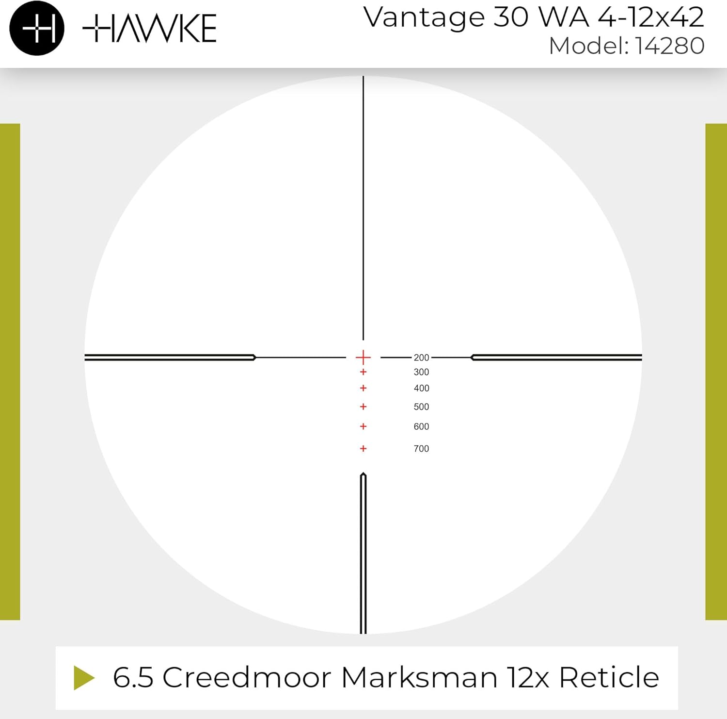 Hawke Vantage 30 WA 4-12x42 Riflescope | Illuminated 6.5 Creedmoor Marksman Reticle, 30mm Tube, Wide-Angle Optics, Fully Multi-Coated Lenses, Waterproof Shockproof Fogproof Hunting Scope (14280)