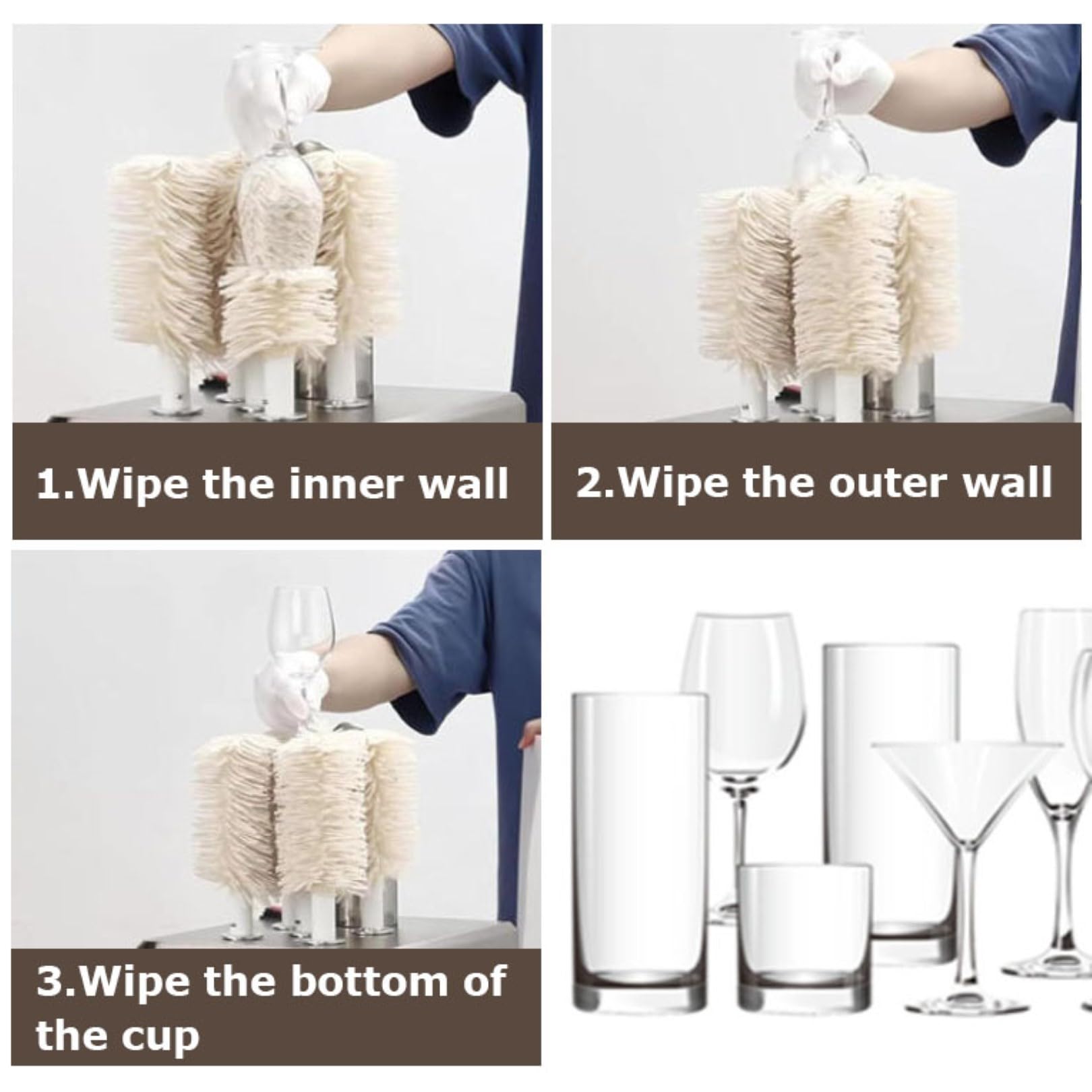 Polisseuse électrique pour verres à vin, séchoir à verre en acier inoxydable avec brosses, polisseuse efficace pour bars et restaurants, 8 capacités de lavage