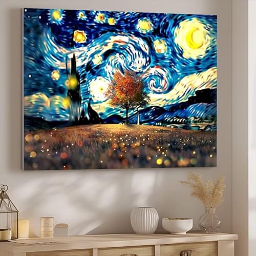 Pintar por Numeros Adultos Cielo Estrellado, DIY Pintura por Números, Pintura al óleo de Lienzo Kit Manualidades Niños para con Pinceles Pigmento Acrílico, Decoración Familiares 30x40cm, áRboles J-689
