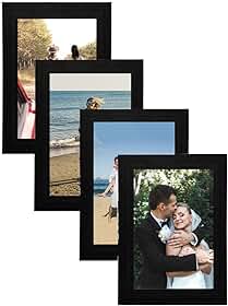 Kit com 4 Porta-Retratos com Moldura e Vidro para Fotos e Decoração (Preto, 10x15)