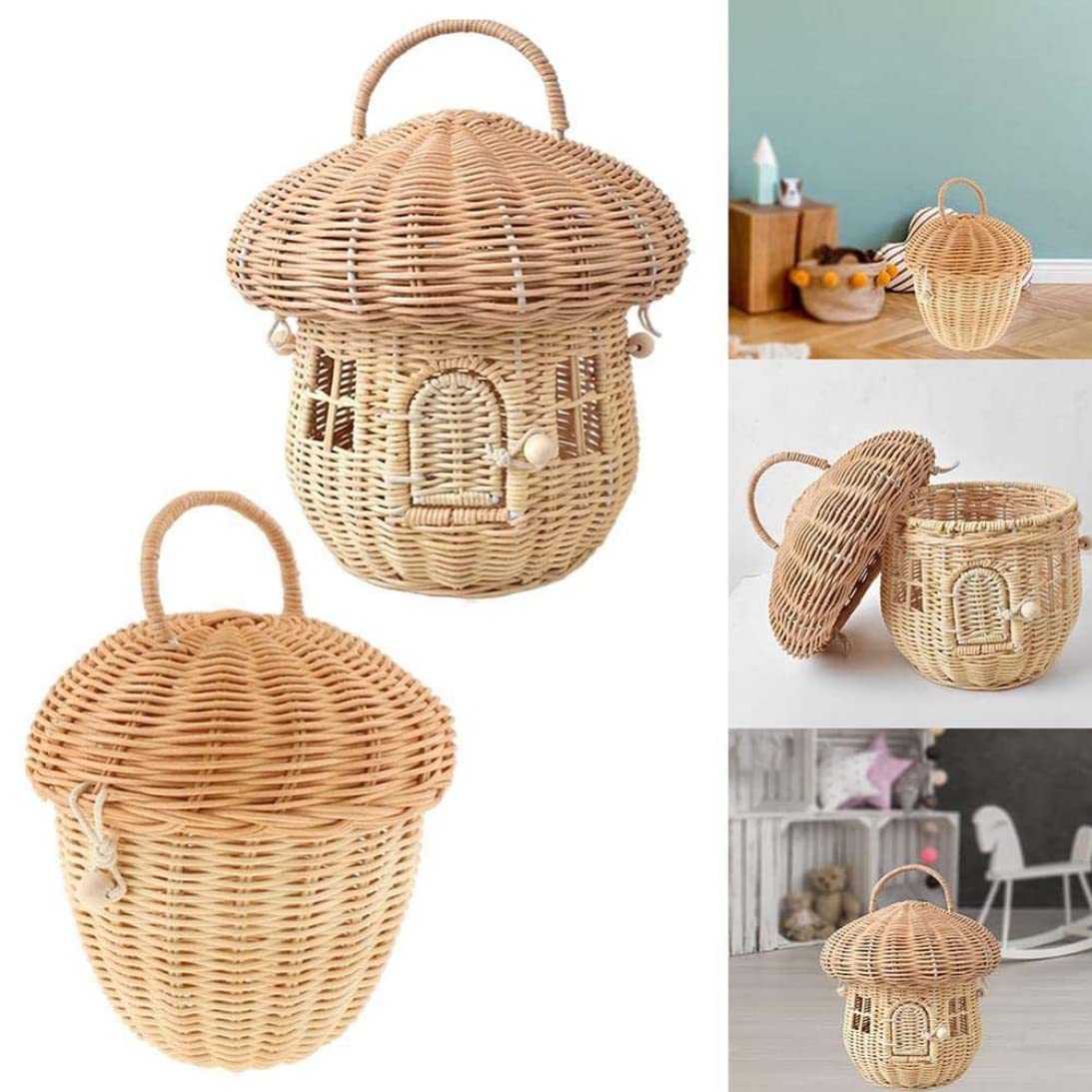 Cesta de Almacenamiento de Mimbre con Forma de Seta con Tapa, Cesta de Mimbre Tejida Decorativa de Gran Capacidad con asa para Organizador de estantes