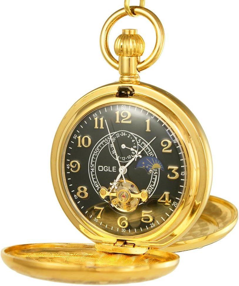 OGLE Vintage Copper Double Cover Tourbillon Phases Moon Chain Fob Self Winding Automatic Mechanical Pocket Watch/Gold Dial