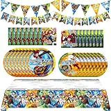 Treasures Gifted Officially Licensed BEYBLADE Party Supplies - Serves 24 Guests Complete Set - BEYBLADE Birthday Decorations - Tablecloth, Plates, Banners, & Napkins