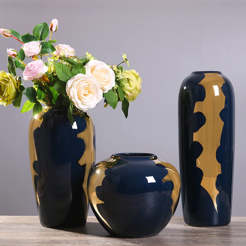 asdchZen Chinoiserie Jingdezhen Flower Glass Gilded Ceramic Vase Decorative Centerpiece For Home Or Wedding- Handmade 3-Piece Set, Porcelain Handmade Vase, Handicraft Decoration