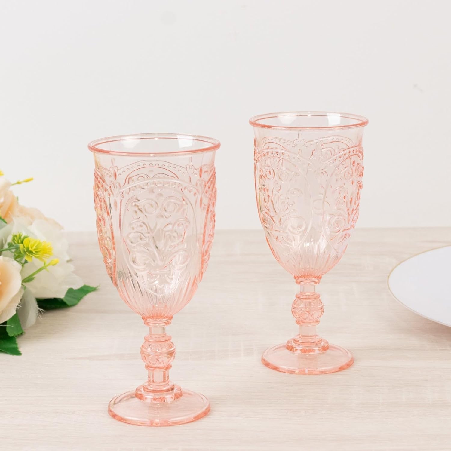 Efavormart 24-Pack Plastic Vintage Goblets – 10oz Transparent Blush Retro Embossed Wine Glasses, Elegant Water & Juice Cups - 7" Tall