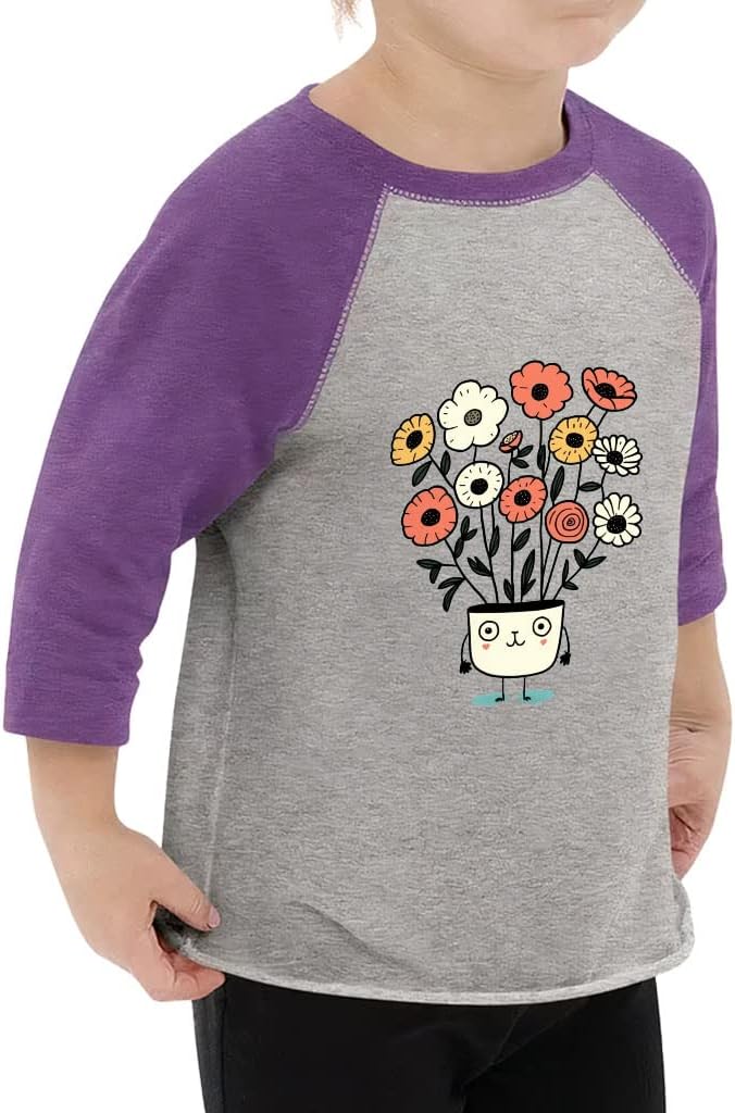 Floral Design Toddler Baseball T-Shirt - Kawaii Design 3/4 Sleeve T-Shirt - Cute Kids' Baseball Tee
