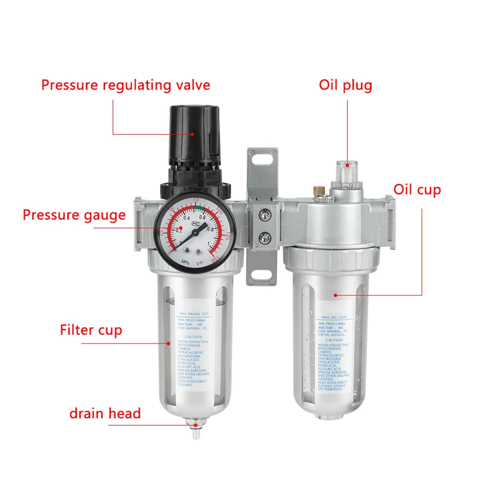 1/2" Régulateur de filtre à air comprimé, Filtre mesureur pour compresseur d'air 1/2" avec régulateur d'huile et d'eau pour compresseurs et outils pneumatiques