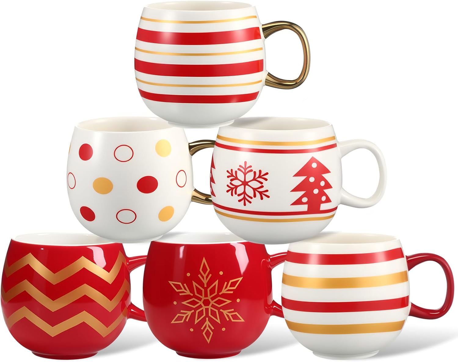 Jinei 6 Pcs Christmas Mugs Set 11.2 oz Christmas Ball Shaped Coffee Mug Xmas Tree Ceramic Cup Holiday Gift Tea Reusable Cup for Mom Woman Xmas Party Table Centerpieces Supplies(Gold,Red,Retro) - Image 4