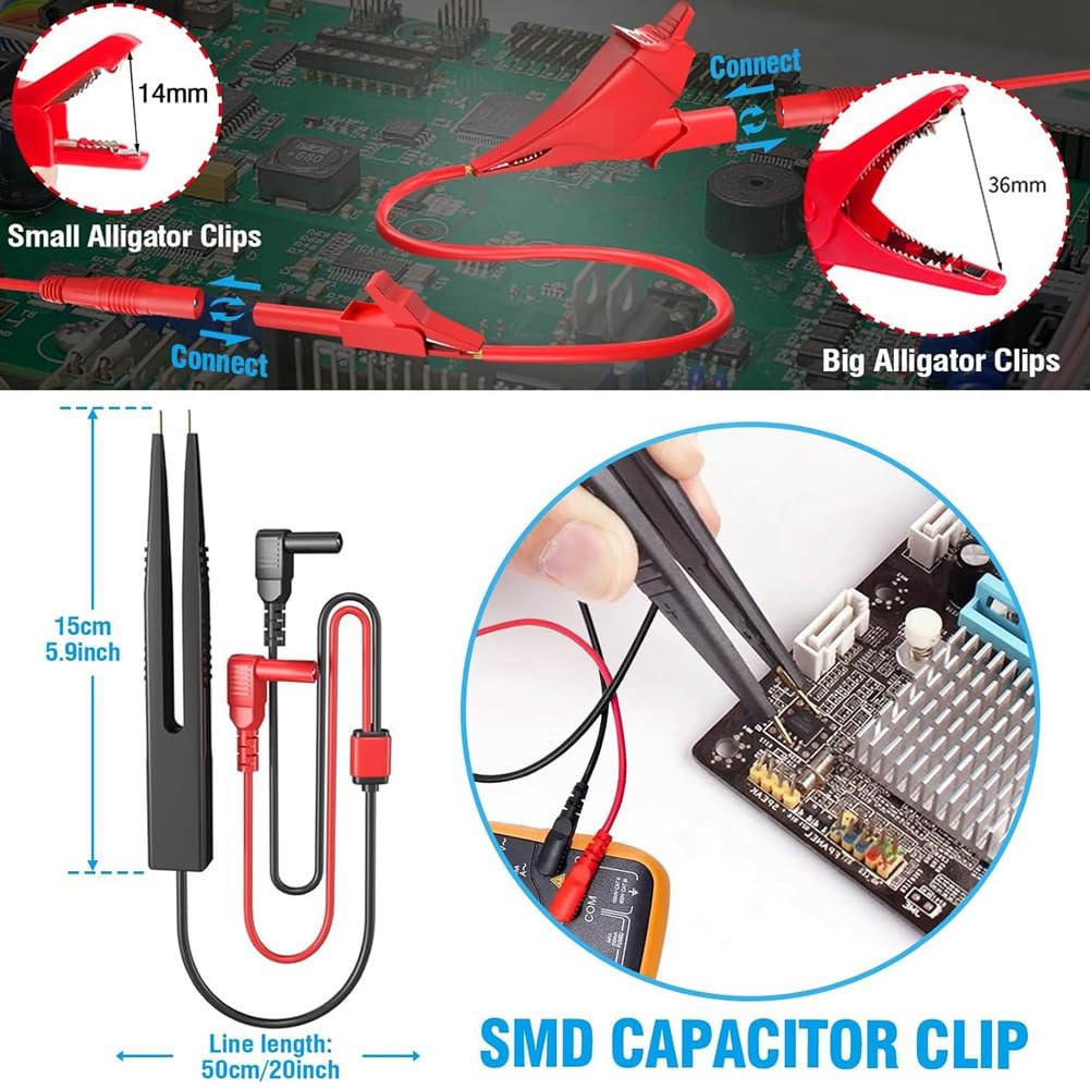 Kit de Cables de Prueba para MultíMetro de 25 Piezas, Juego de Cables de Prueba con Pinzas de Cocodrilo Reemplazables, Sondas Perforadoras de Cables, Pinzas de Cocodrilo