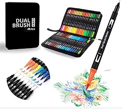 Kit 48 Canetinhas Coloridas Touch Dual Brush Ponta Dupla – Canetas com Pincel e Fina para Desenho, Pintura, Lettering e Escrita Criativa, com Estojo Portátil para Organização e Transporte