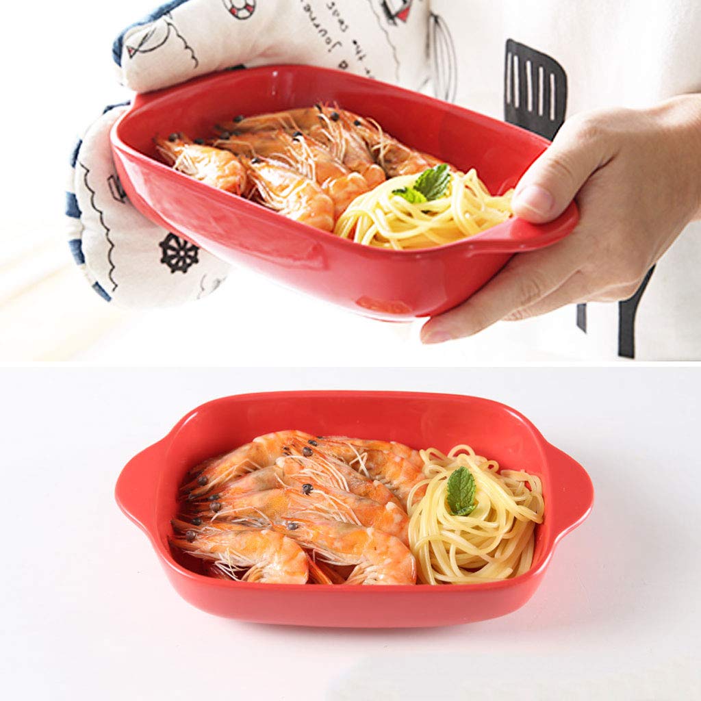 Baking tray Ceramic Cheese Risotto Double Ear Tray Rectangular Tray Dish Oven Microwave Oven Available Plate 6 Color Bakeware (Color : Gray) (Rojo)