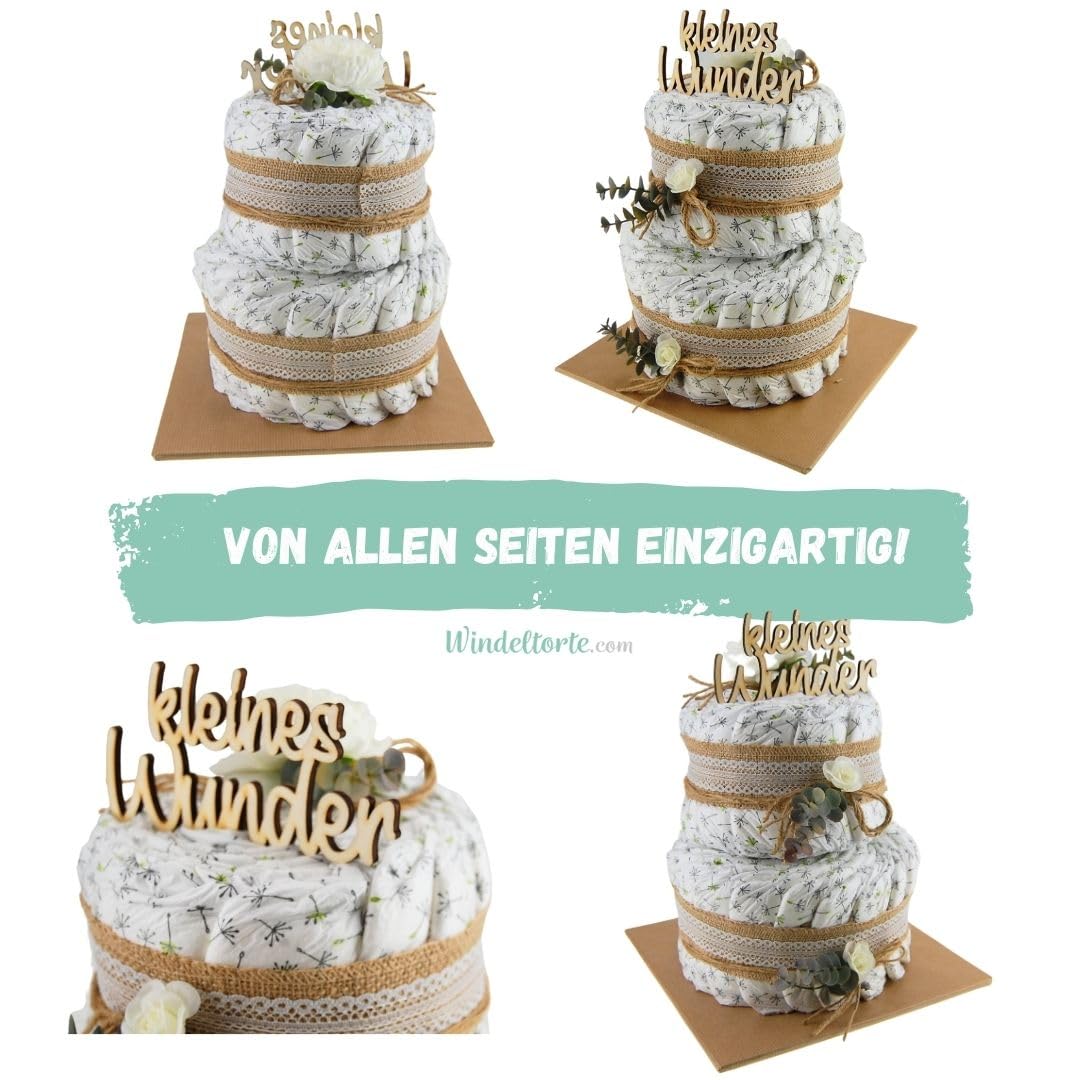 Vintage Torte [JUTE & HOLZ] - Jungen & Mädchen - Neutral Unisex - Geschenk zur Geburt - Baby Party - Babyshower - Pullerparty - Caketopper (Boho - Vintage - KLEINES WUNDER - 2-stöckig)
