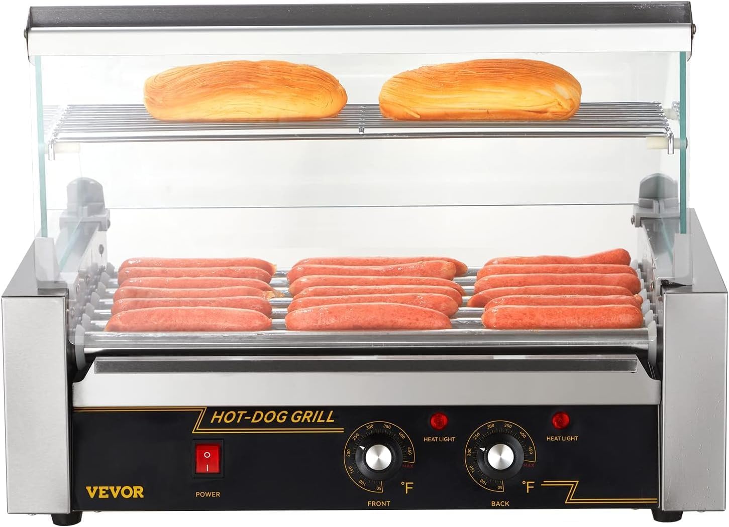 VEVOR Hot Dog Roller, 18 Hot Dog Capacity 7 Rollers, 1050W Stainless Steel Cook Warmer Machine w/Cover & Dual Temp Control, LED Light & Detachable Drip Tray, Sausage Grill Cooker for Kitchen Canteen