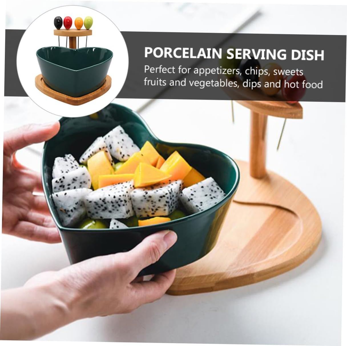 Ceramic Heart Shaped Salad Bowl with Forks, Green Porcelain Fruit and Dessert Serving Bowl for Snacks and Salads in Living Room