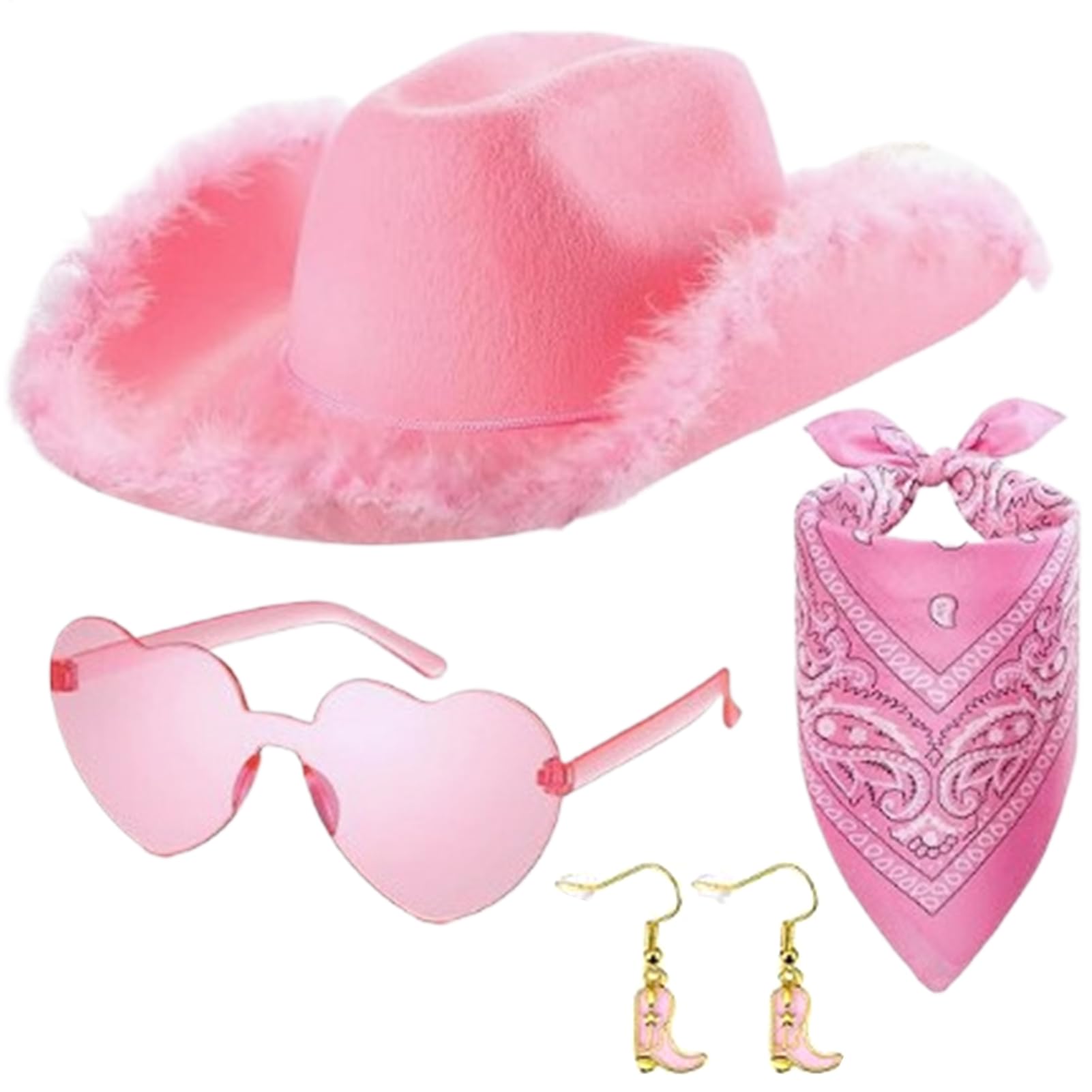 Cowboy Hat Set - Non Woven Acrylic 15.75x12.99x5.51in Pink Western Hat, Stylish Bandana, Heart Shaped Glasses, Fashion Earrings | Trendy Costume Accessory for Party Festival Dress Up Women Men