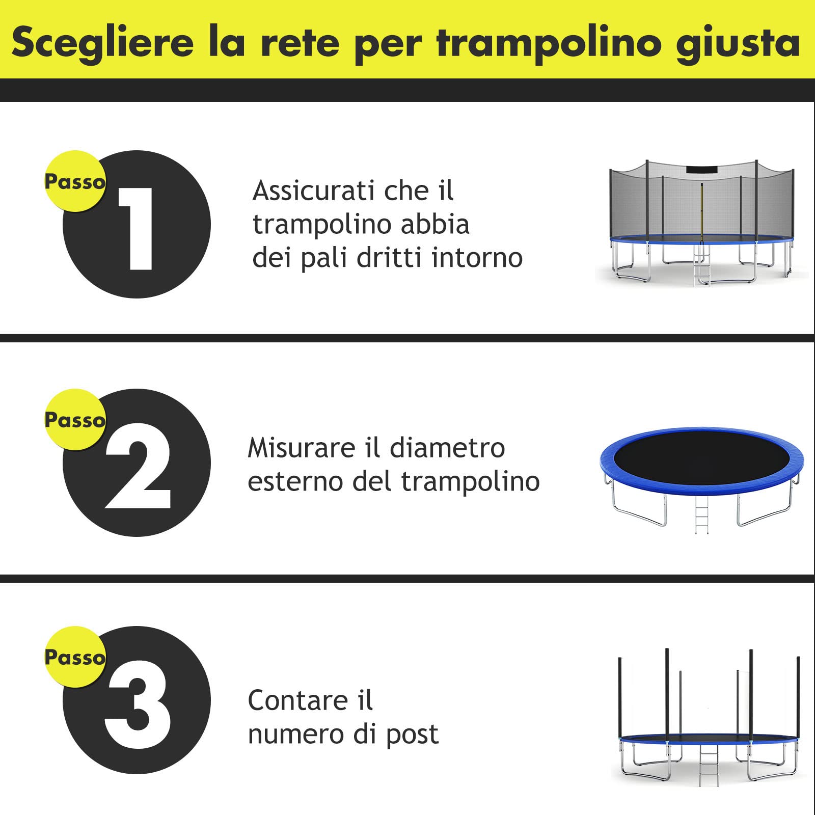 COSTWAY Rete per Trampolino Sostitutiva 244cm/305cm/366cm/427cm/457cm/488cm, Ideale per Struttura Rotonda con 6/8 Paletti con Doppie Cerniere, Fibbie di protezione e Ganci