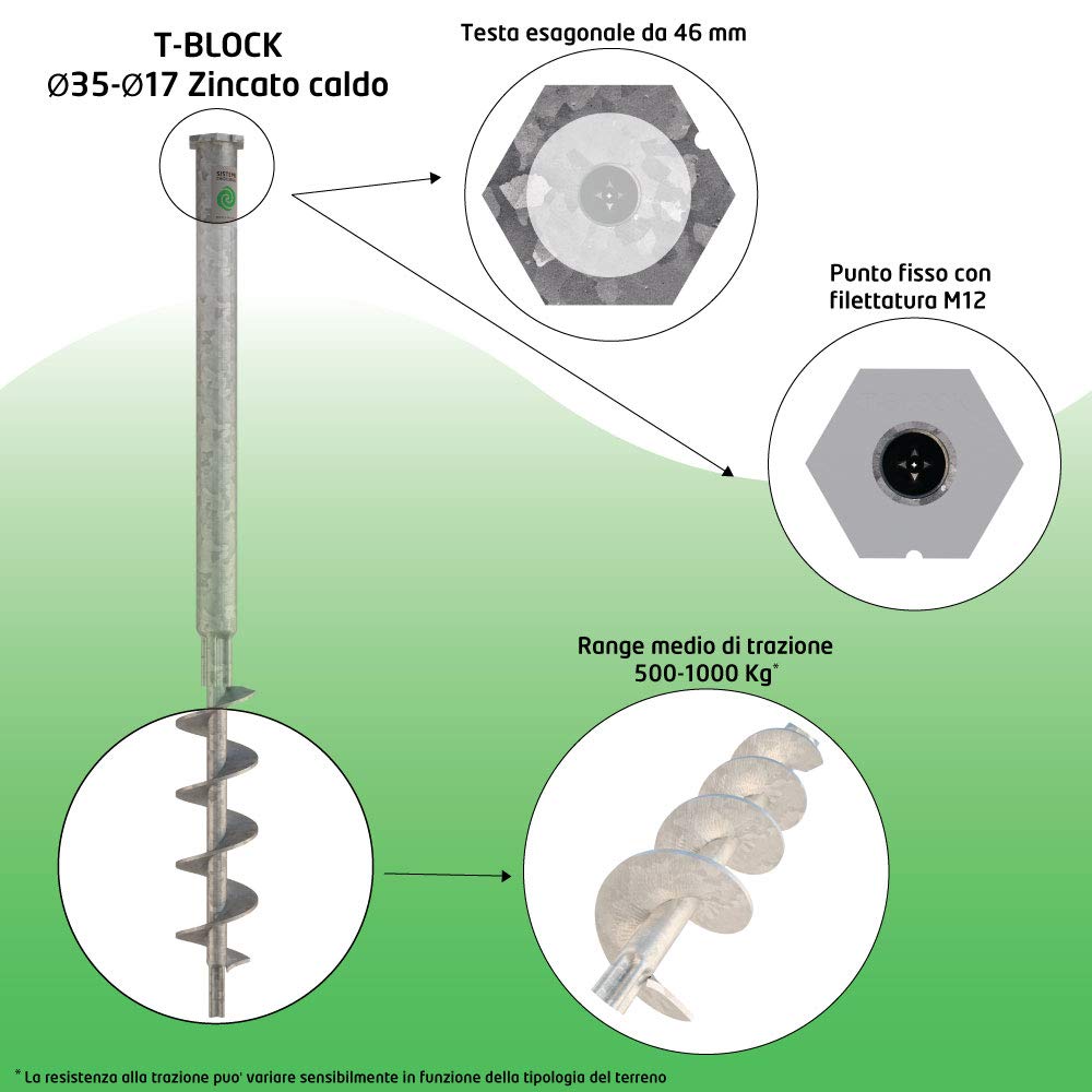 T-BLOCK - Kit professionale di 4 viti di ancoraggio a terra ecologici lunghezza 75 cm Ø 35-17 testa esagonale da 46 mm con punto fisso M12.