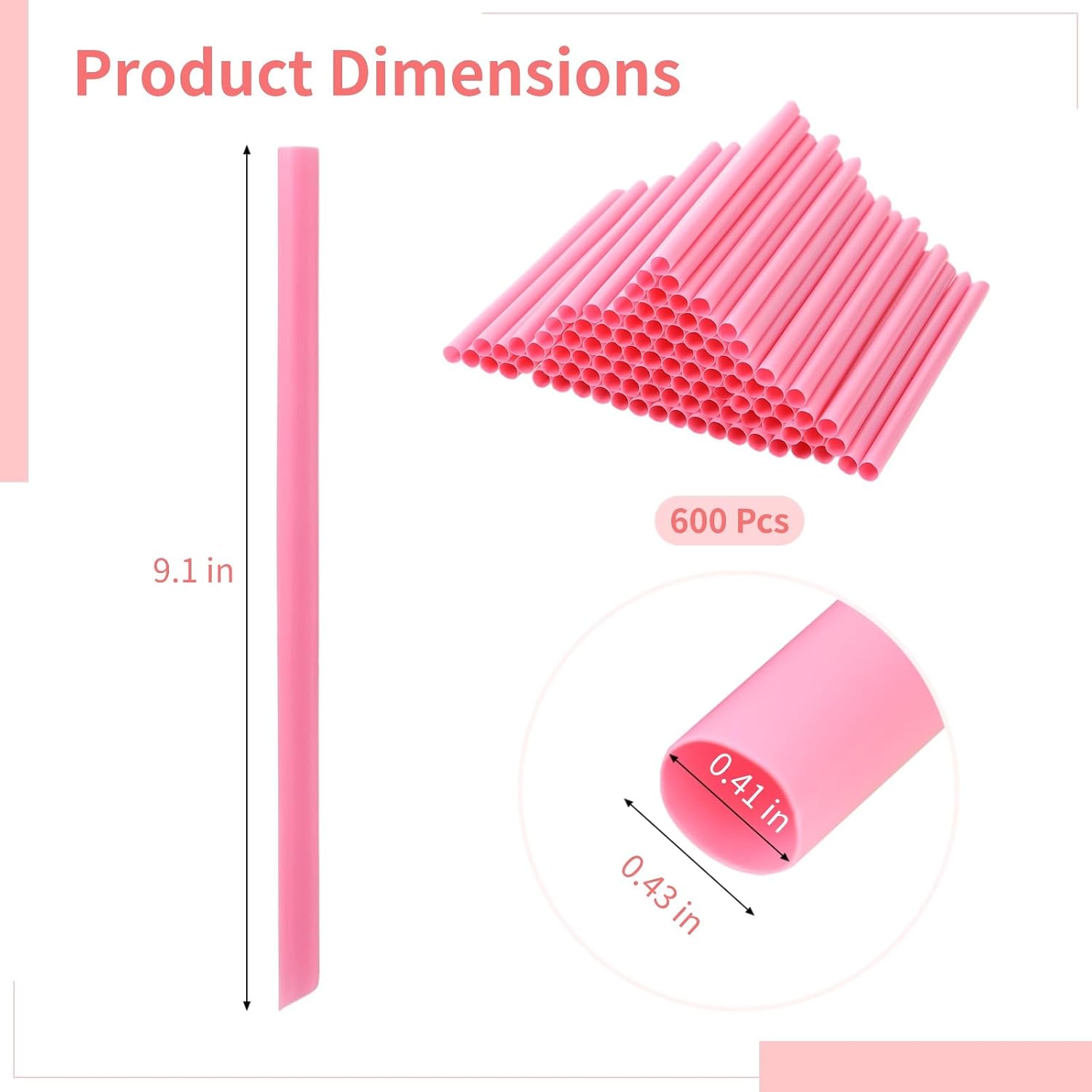 600 Pcs Jumbo Smoothie Straw Bulk Pink Disposable Bubble Straws Individually Wrapped Plastic Wide Mouth, 9.1" Extra Long, 0.43" Wide, Great for Parties, Milk, and Smoothies
