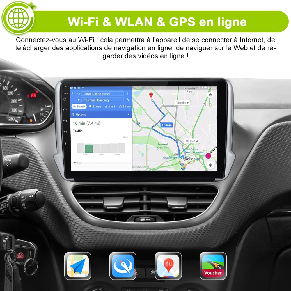 Autoradio Carplay pour Peugeot 208/2008 (2012-2018), Écran 10,1 Pouces 2Go+64Go, CarPlay & Android Auto,GPS WiFi Bluetooth FM, Commandes au Volant, Aide au Parking