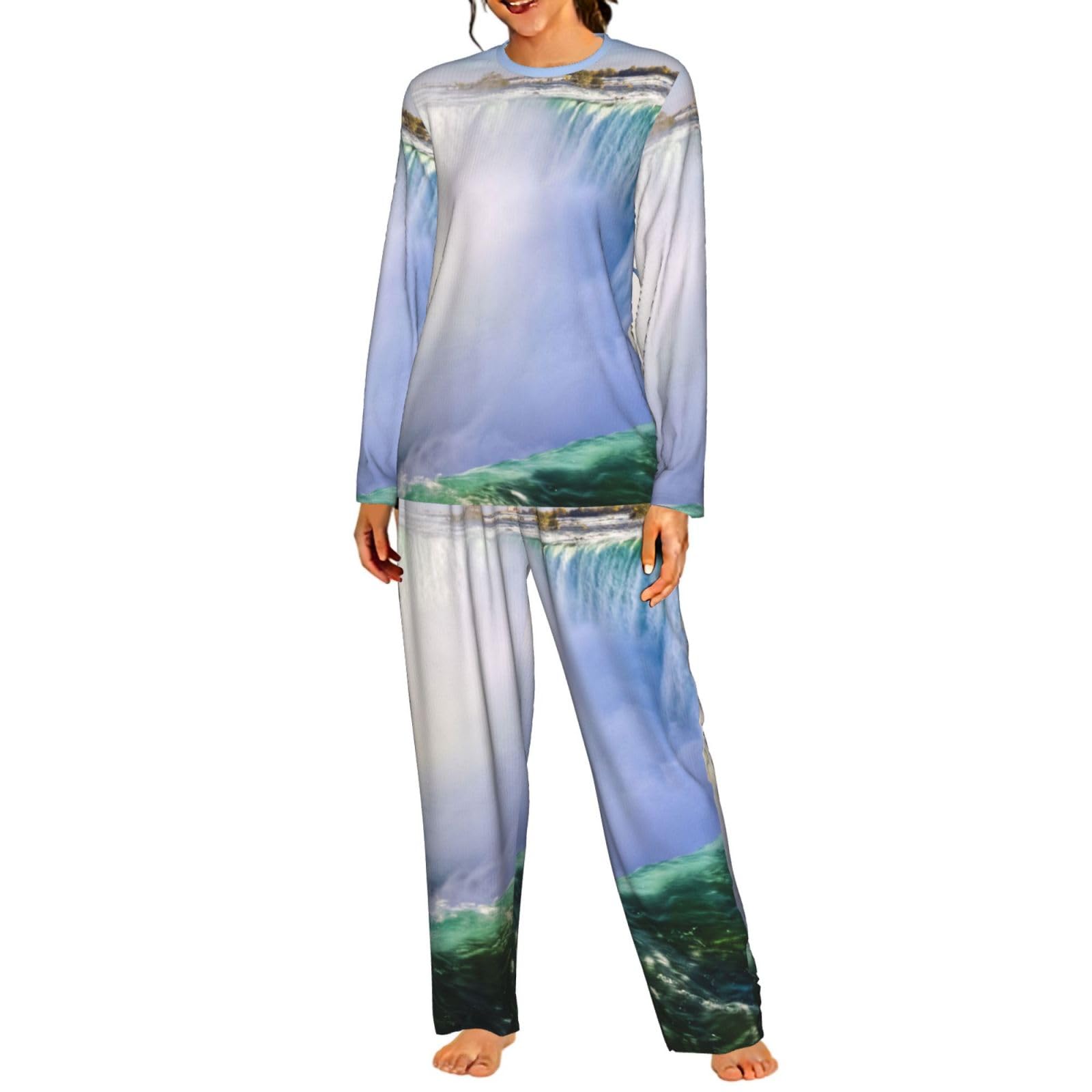 Cascata E Arcobaleno Stampa Delle Donne Maniche Lunghe Pigiama Set Morbido Elastico Coulisse Casual Daywear