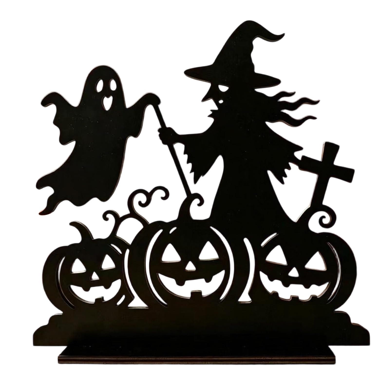 Tuxoiou Halloween Witch Wooden Table Centerpiece, Spooky Castle Witch Black Cat Standing Tabletop Ornament for Halloween Party, Desk Tiered Tray Decor D