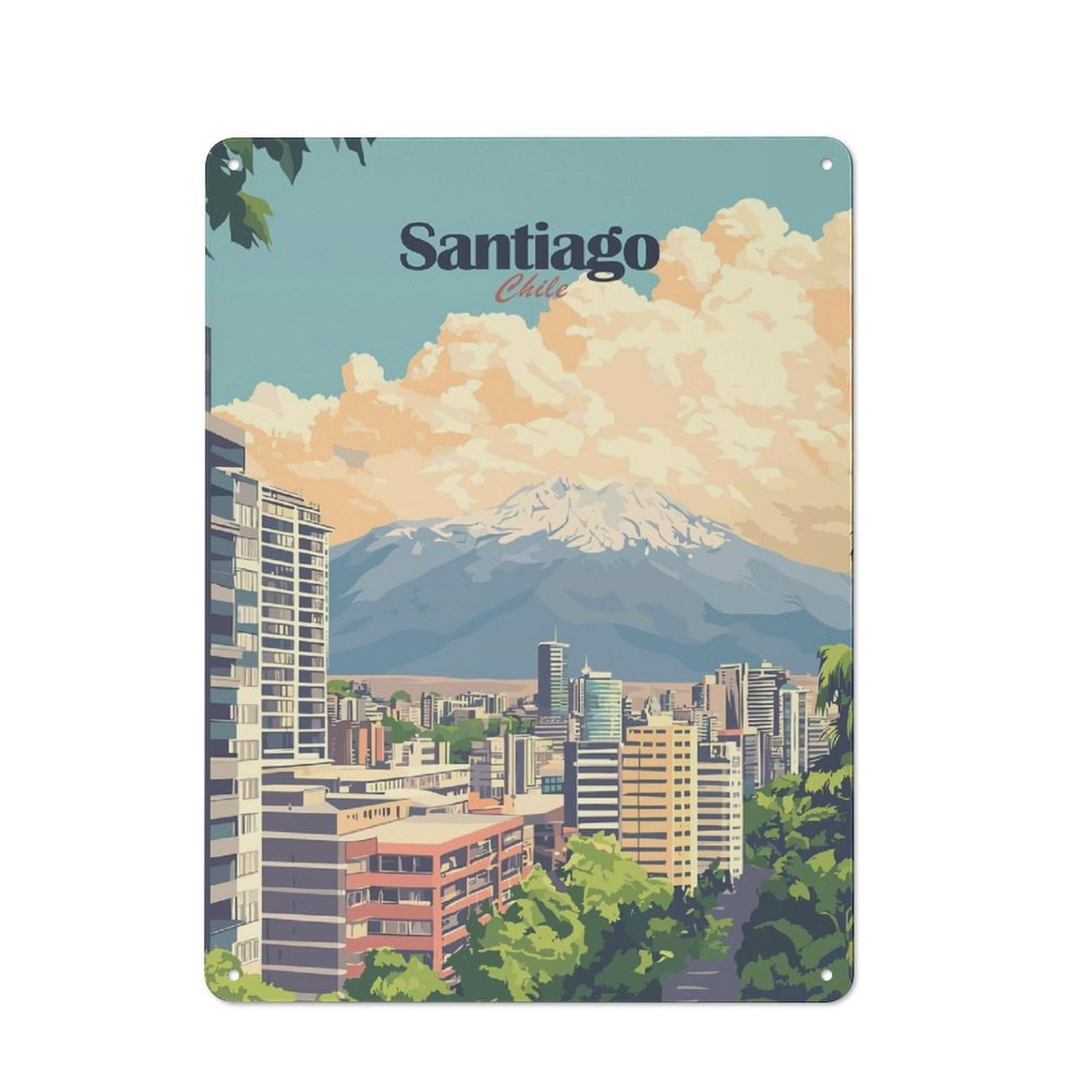 Junmoney Style-10 Santiago, Chile Cityscape(3) Rustic Printed Metal Sign 40X30cm For Garage Or Workshop, For Garage, Workshop And Man Cave Decoration