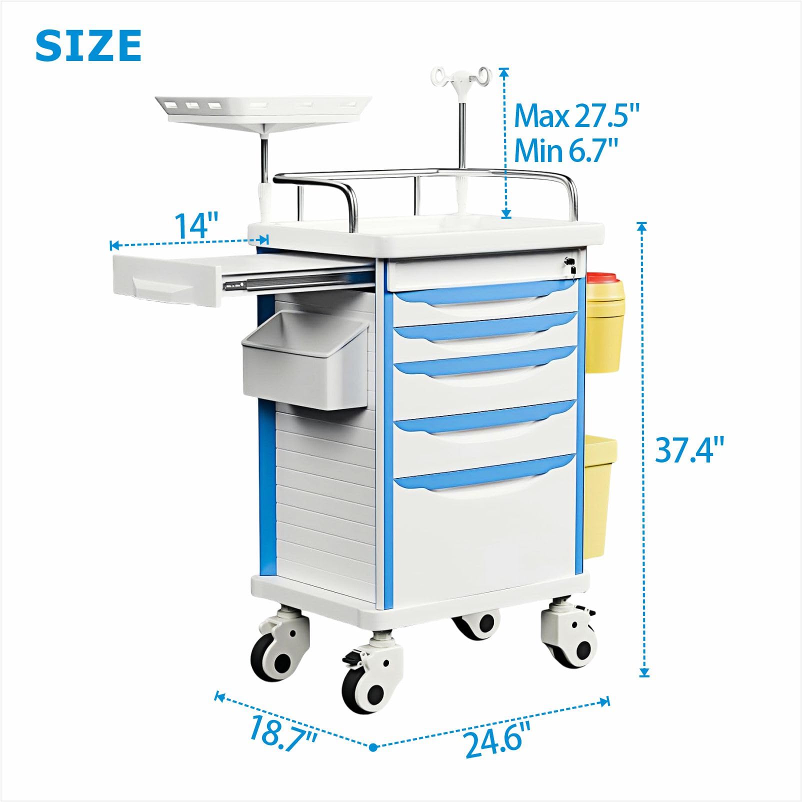 Carrello di emergenza con accessori IV Pole, scheda cardiaca, supporto O2, carrello mobile, bidone della spazzatura, cassetto per clinica, centro infermieristico, 76,2 cm L x 48,3 cm L x 96,5 cm H