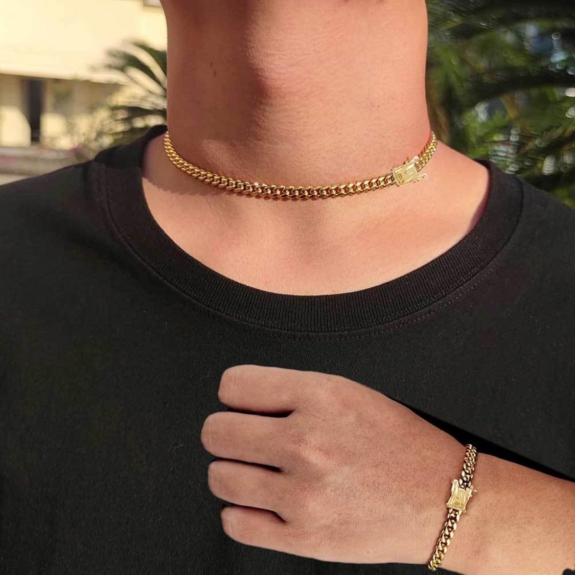 putouzip Miami Cuban Link Chain Set For Men 18K Gold Plated Stainless Steel 6/8mm Bracelet Necklace Diamond Chains - Image 5