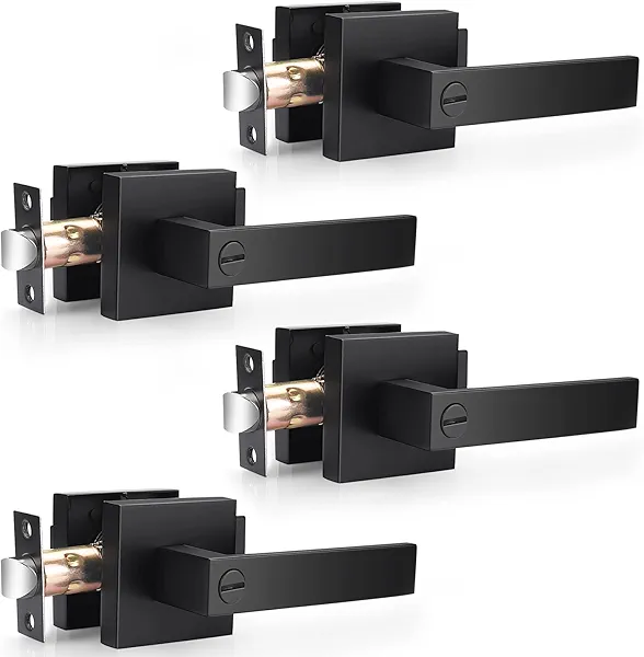 Probrico Heavy Duty Black Door Handle Square Privacy Interior Door Levers Bedroom and Bathroom Door Handles Keyless Lockset (4 Pack)