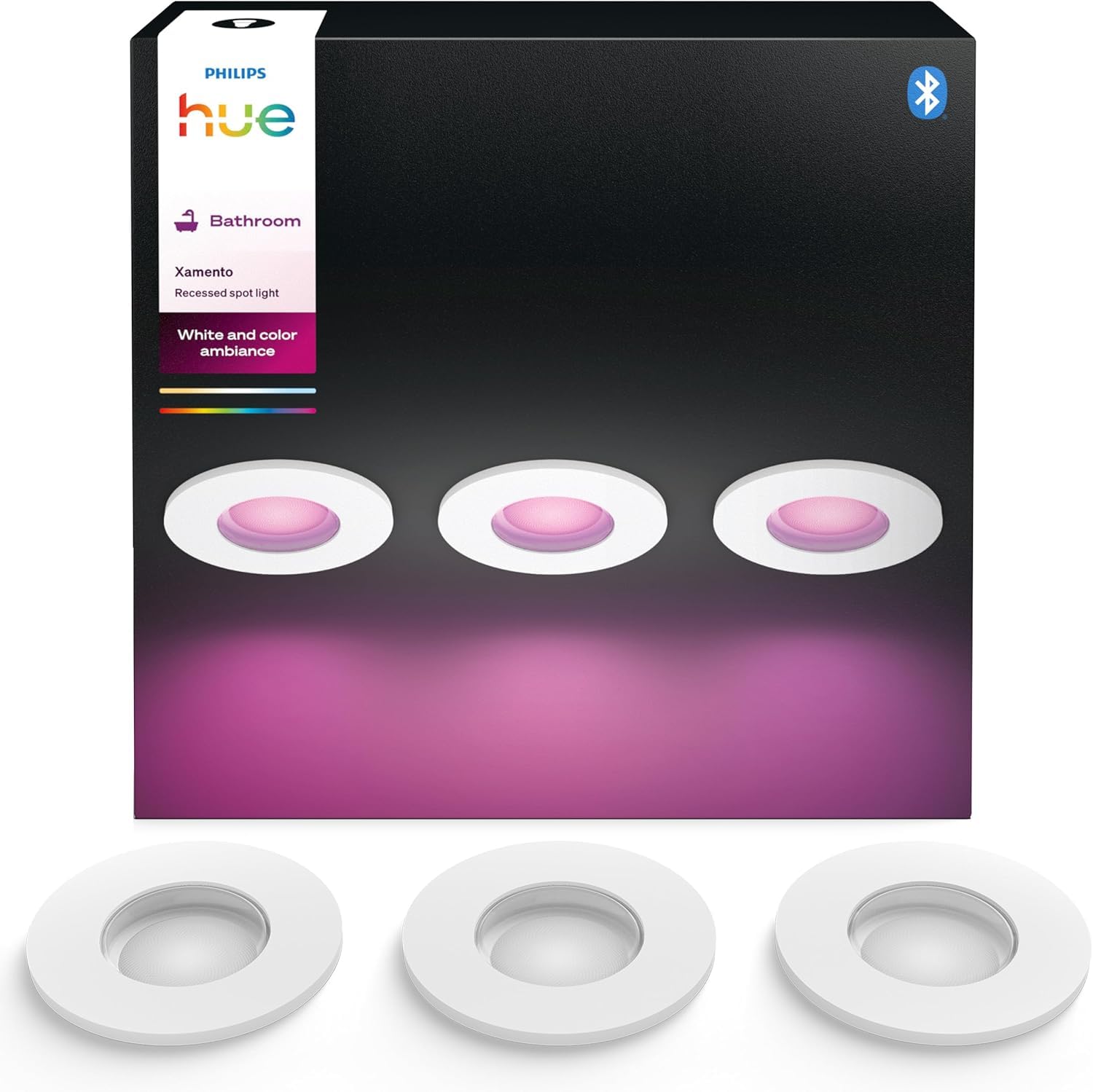 Philips Hue White & Color Ambiance Xamento, Faretto LED Smart da incasso, luce da bagno dimmerabile, controllo intelligente della luce tramite voce e app, bianco, pack da 3