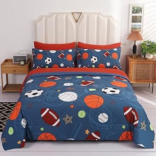lwfushi Sports Comforter Set Blue Ball Bedding Set Twin Size Baseball Basketball Soccer Tennis Bed Set for Teens Kids (1 Comforter,1 Flat Sheet,1 Fitted Sheet,2 Pillowcase and 2 Pillow Sham)