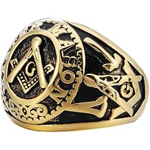 Stainless Steel Gold Plated Vintage Freemason Symbol Masonic Rings Biker Bands for Men