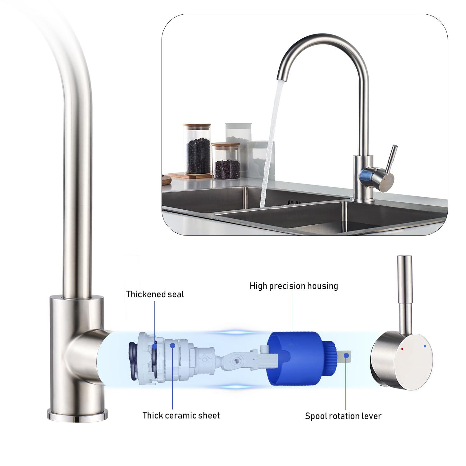 BONADE Niederdruckarmatur Küche 360° Drehbar Niederdruck Küchenarmatur aus SUS304 Edelstahl Küche Spültisch Armatur Wasserhahn Küche Spülbecken Einhebelmischer Mischbatterie, inkl. 3 Anschlüsse