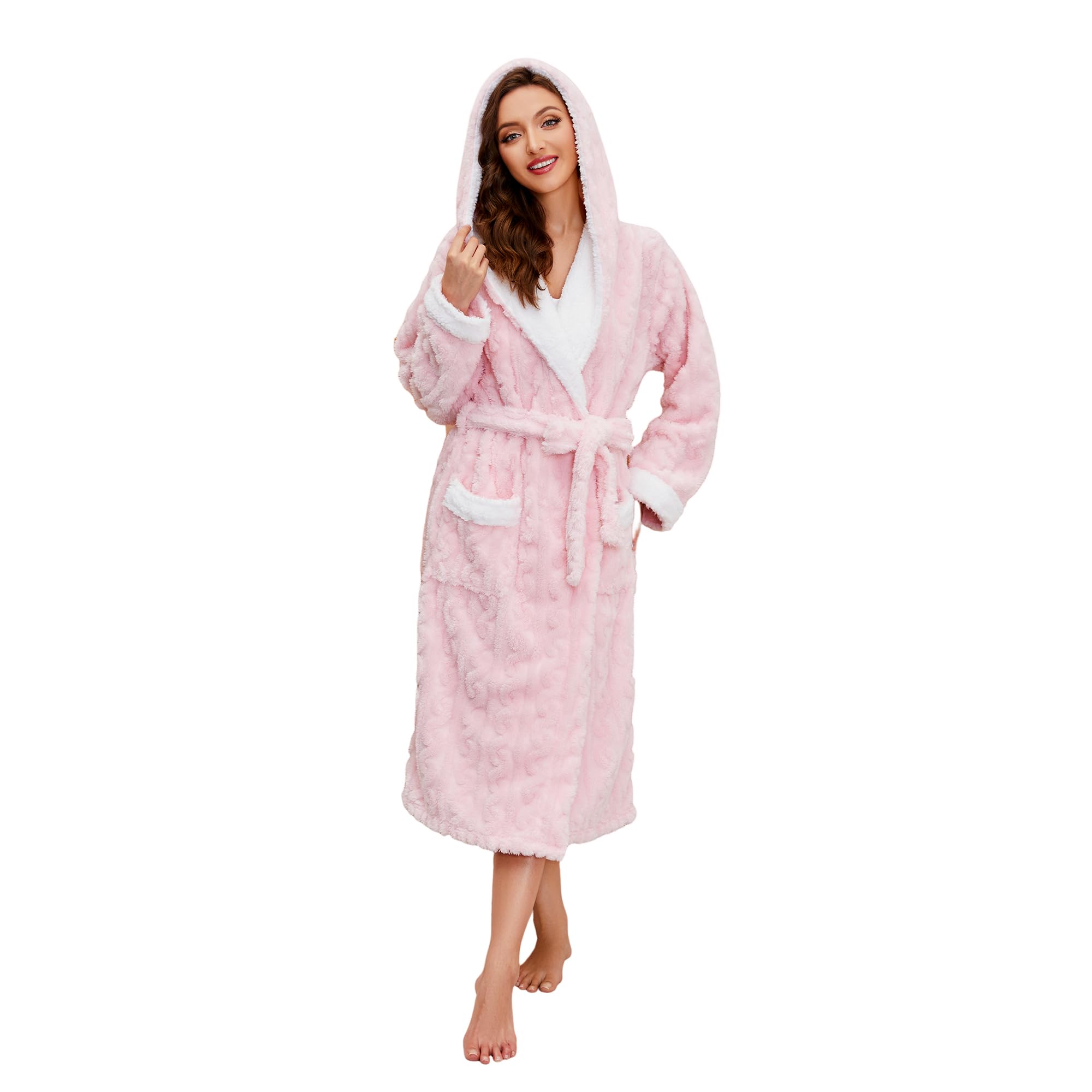 Photo 1 of HEARTNICE Plush Long Hooded Robes for Women, Soft Fluffy Womens Fleece Robe Thicker Warm Bathrobes Small-Medium Light Pink