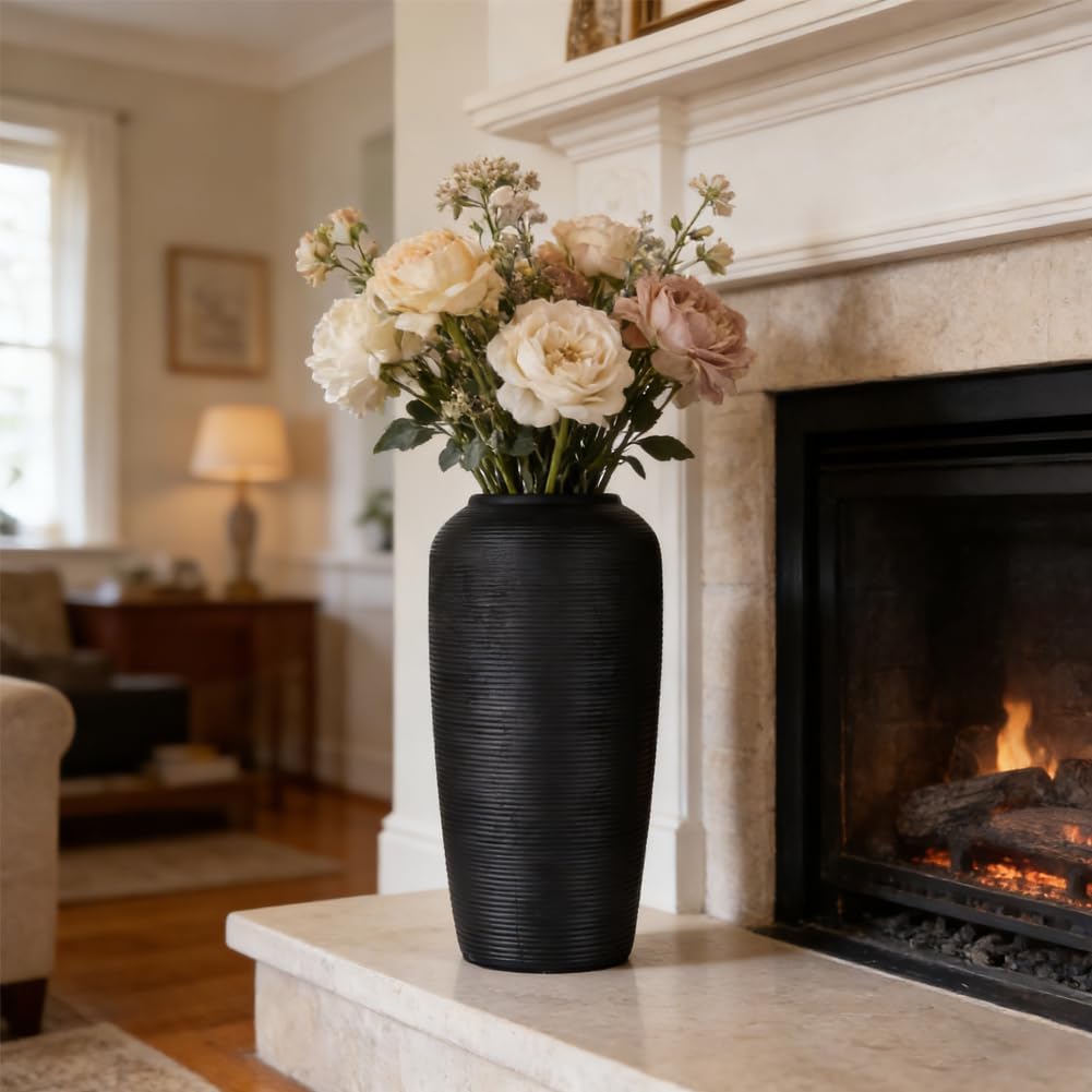 Large Matte Black Ceramic Vase, 11.6 Inch Textured Rustic Farmhouse Floor Vase, Pottery Vase for Pampas Grass and Fresh Flowers, Table Centerpiece Decor for Living Room Entryway Mantel